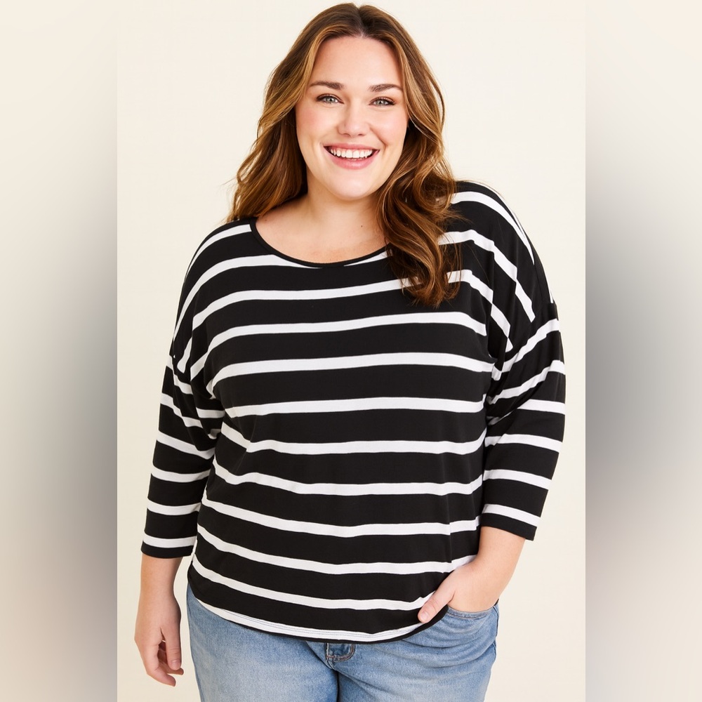 Lane Bryant Womens Black White 3/4 Sleeve‎ T-Shirt Casual Basic